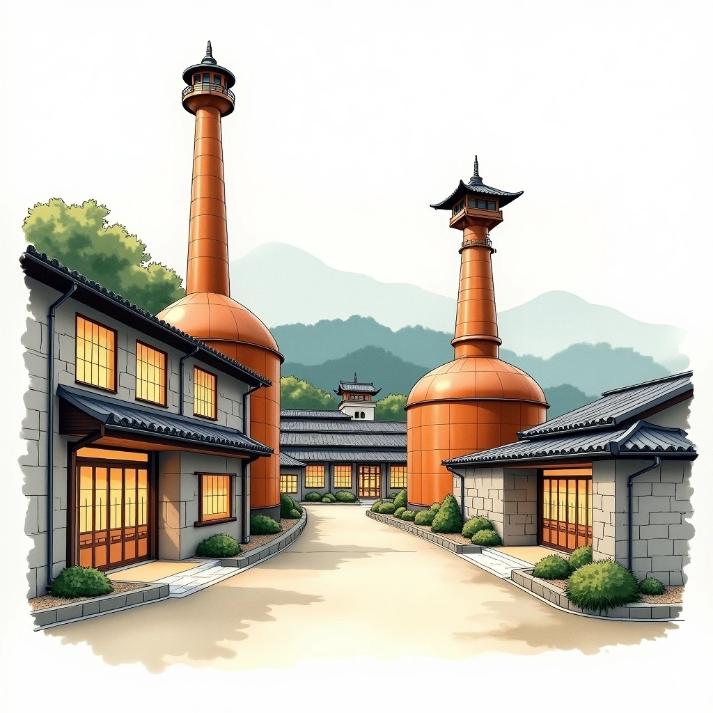 Eigashima (White Oak) distillery — watercolor illustration
