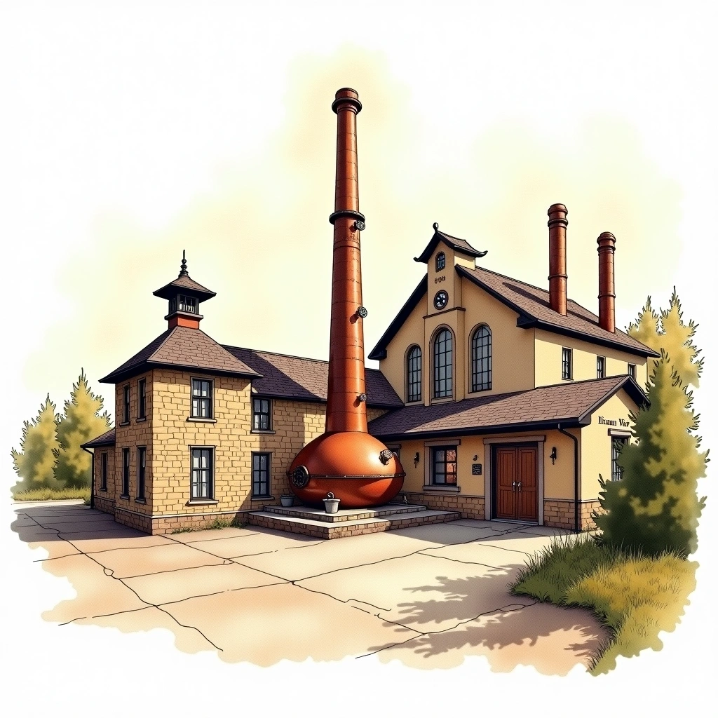Lot No. 40 (Corby / Hiram Walker) distillery — watercolor illustration