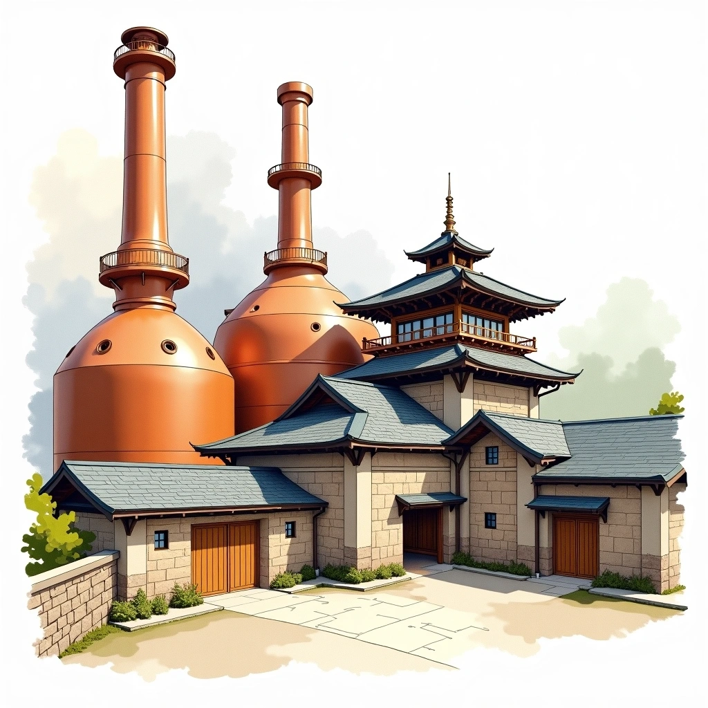 Mars Shinshu distillery — watercolor illustration
