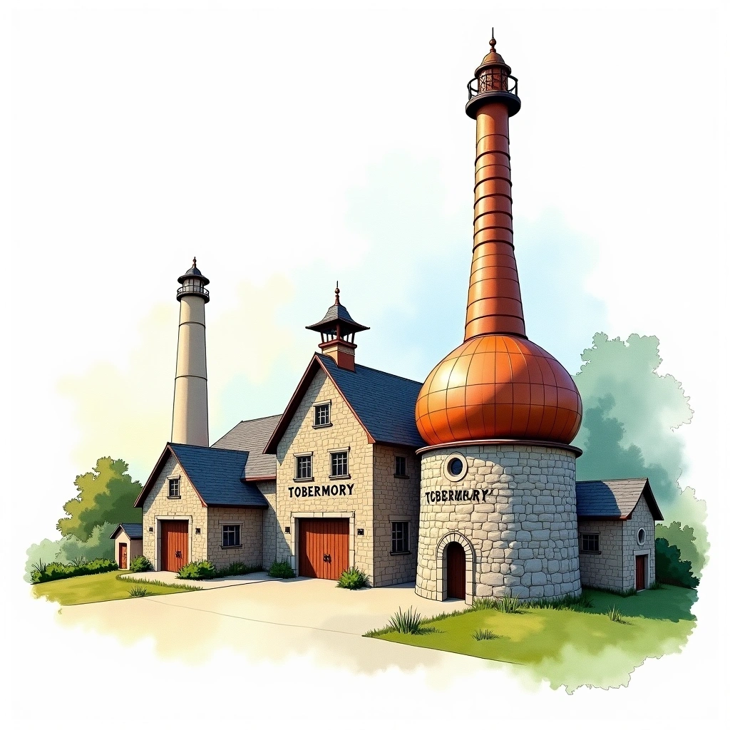 Tobermory distillery — watercolor illustration
