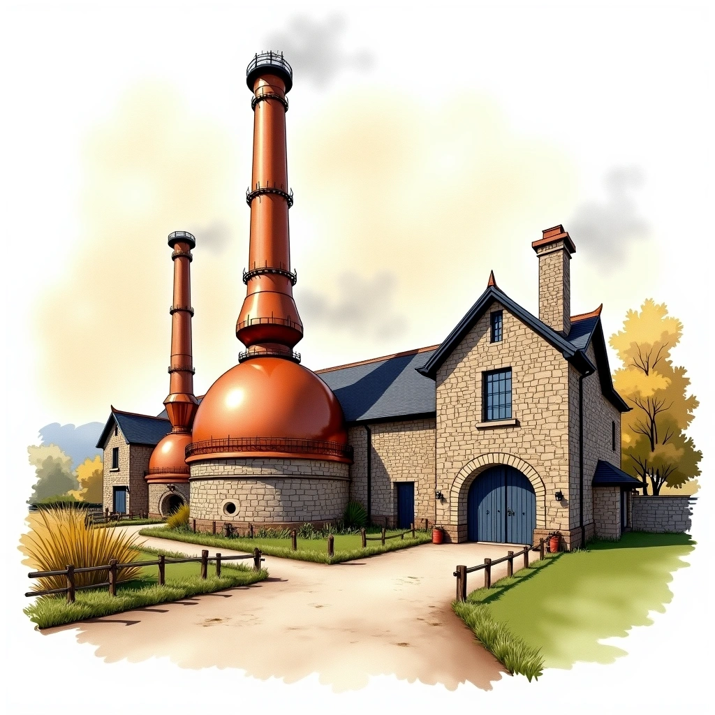 Tomatin distillery — watercolor illustration