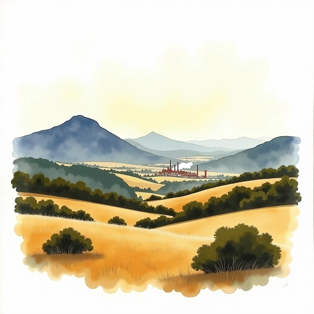 Tasmania whiskey region — watercolor illustration