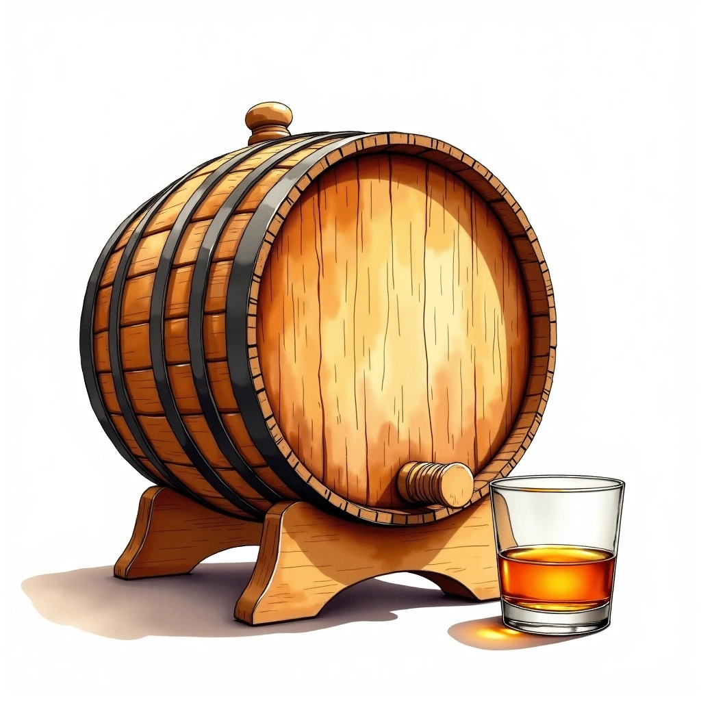STR (Shaved, Toasted, Re-charred) cask — watercolor illustration